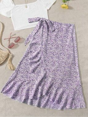 SHEIN Lavender Ditsy Floral Ruffle Wrap Midi Skirt - Size S